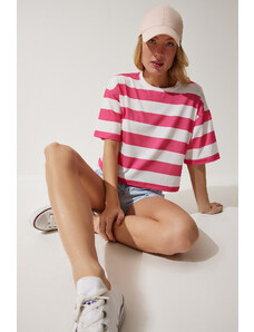 Happiness İstanbul Women's White Pink Crew Neck Striped Crop Knitted T-Shirt