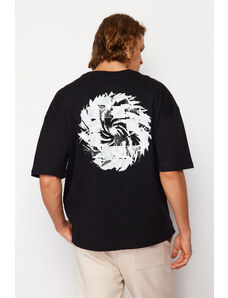Trendyol Black Oversize/Wide Cut Printed 100% Cotton T-Shirt