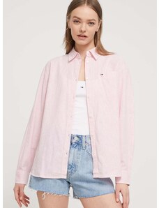 Košile s příměsí lnu Tommy Jeans růžová barva, relaxed, s klasickým límcem, DW0DW17737