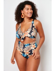 Trendyol Curve Blue Tropical Patterned Swimsuit with Tie Detail and Slimming Effect