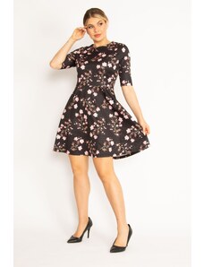 Şans Women's Plus Size Colorful Floral Dress With Ornamental Pockets And A Zipper At The Back