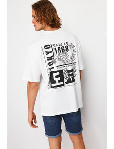 Trendyol Ecru Oversize/Wide-Fit Oriental Printed Short Sleeve 100% Cotton T-Shirt