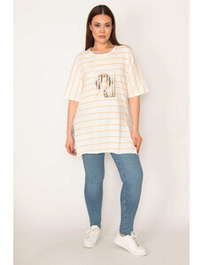 Şans Women's Plus Size Orange Digital Printed Striped Side Slit Blouse