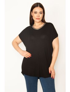 Şans Women's Plus Size Black Collar Lace And Stone Detailed Viscose Blouse