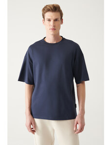 Avva Men's Navy Blue Oversize Crew Neck 100% Cotton T-shirt