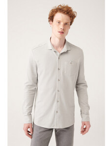 Avva Men's Gray 100% Cotton Classic Collar Pocket Regular Fit Knitted Shirt