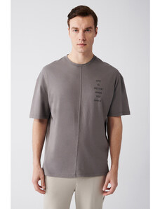 Avva Men's Anthracite Oversize 100% Cotton Crew Neck Motto Printed T-shirt