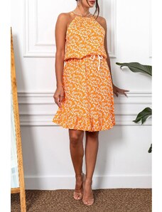 armonika Women's Orange Halterneck, Belted Waist, Ruffled Skirt With Frill Dress