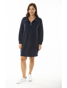 Şans Women's Plus Size Navy Blue Front Pat Zippered High Neck Sweatshirt Dress