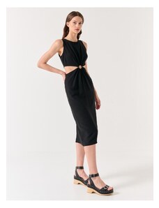 Jimmy Key Black Waist Detailed Sleeveless Linen Summer Midi Dress