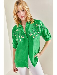 Bianco Lucci Women's Daisy Embroidered Sleeve Fold Ayrobin Linen Shirt