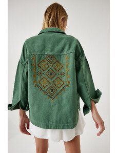 Happiness İstanbul Women's Khaki Ethnic Embroidered Gabardine Shirt Jacket