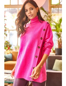 Olalook Women's Fuchsia Side Buttoned Soft Textured Oversize Sweater