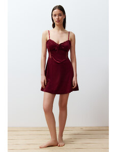 Trendyol Burgundy Soft Feeling Lace Detailed Corduroy Knitted Nightgown with Strap