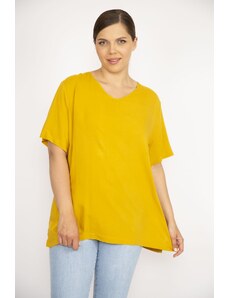 Şans Women's Mustard Plus Size Woven Viscose Fabric V-Neck Side Slit Blouse