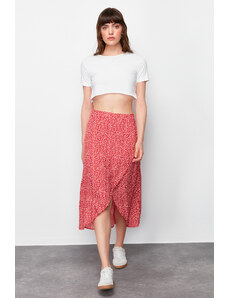Trendyol Red Slit Floral Patterned Midi Woven Skirt