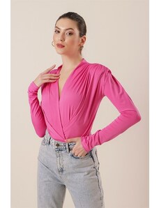 By Saygı Double-breasted Collar Blouse with Pleats and Snap Snap Off the Shoulder Pink