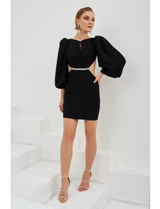 Carmen Black Crepe Stoned Balloon Sleeve Short Evening Dress