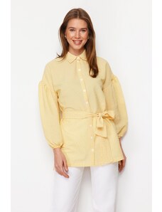 Trendyol Yellow Striped Belted Balloon Back Sleeve Long Woven Shirt