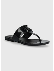 Žabky Calvin Klein Jeans FLAT SANDAL SLIDE TOEPOST MG MET dámské, černá barva, na plochém podpatku, YW0YW01342