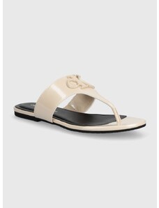 Žabky Calvin Klein Jeans FLAT SANDAL SLIDE TOEPOST MG MET dámské, béžová barva, na plochém podpatku, YW0YW01342