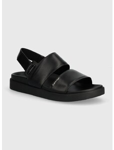 Kožené sandály Calvin Klein FLAT SANDAL CALVIN MTL LTH dámské, černá barva, HW0HW01984