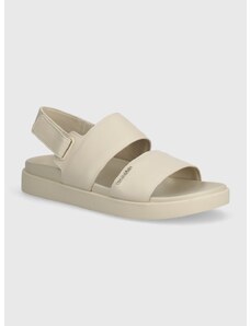 Kožené sandály Calvin Klein FLAT SANDAL CALVIN MTL LTH dámské, béžová barva, HW0HW01984