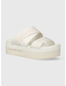 Pantofle Calvin Klein Jeans FLATFORM SANDAL WEBBING IN MR dámské, béžová barva, na platformě, YW0YW01361