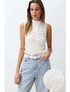 Trendyol Ecru Premium Stand Collar Body-Fitting Crop Textured Flexible Knitted Blouse