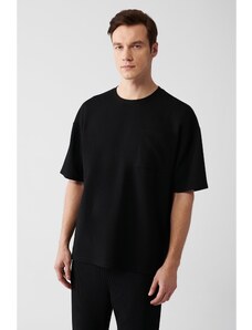 Avva Men's Black Oversize Non-Iron Jacquard Short Sleeve Pocket T-shirt