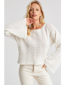 Cool & Sexy Women's White Spanish Sleeve Openwork Fine Knitwear Sweater YV214