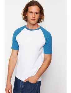 Trendyol Blue Regular/Regular Fit Black Sleeve Paneled 100% Cotton Short Sleeve T-Shirt