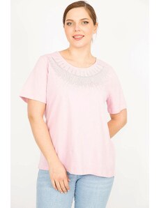Şans Women's Pink Plus Size Cotton Fabric Collar Silvery Detail Blouse