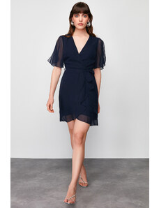 Trendyol Navy Blue Double Breasted Ruffle Detailed Chiffon Lined Woven Mini Dress