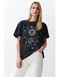 Trendyol Black Oversize/Wide Fit Galaxy Printed Washable Knitted T-Shirt
