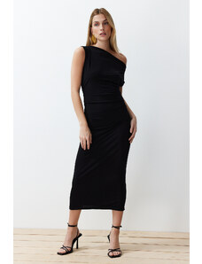 Trendyol Black Fitted Body-Fitted Boat Neck Zero Sleeve Flexible Knitted Knitted Midi Pencil Dress