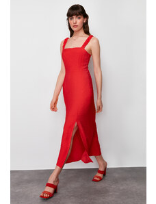Trendyol Red Straight Cut Back Tie Detailed Woven Midi Dress