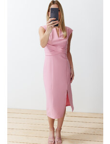 Trendyol Pink Body Wrap V-Neck Slit Detailed Woven Midi Dress