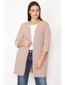 Şans Women's Plus Size Patterned Cotton Fabric Striped Cardigan