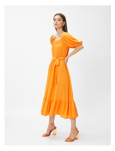 Koton Layered Midi Length Dress With Open Shoulders With Belt