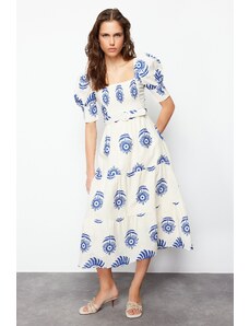 Trendyol Blue Patterned Square Collar Linen Look Woven Midi Dress with Belt