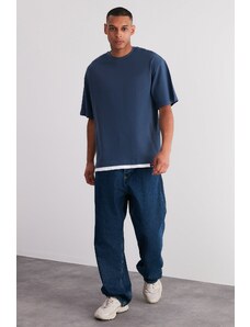 Trendyol Indigo Oversize Piece Detailed Textured 100% Cotton T-Shirt