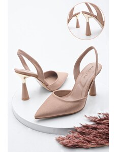 Marjin Women's Stiletto Pointed Toe Gold Heel Detail Open Back with a scarf and heeled shoes Yolez Beige.