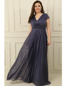 By Saygı V-Neck Waist And Front Draped Lined Pleated Silvery Long Crepe Dress