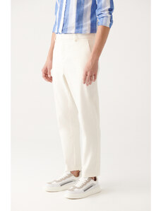Avva Men's Ecru Side Pocket Back Elastic Waist Linen Textured Relaxed Fit Relaxed Cut Chino Pants