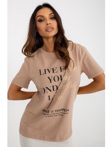 FANCY Tmavě béžové bavlněné dámské tričko s nápisy