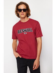 Trendyol Claret Red Relaxed/Comfortable Cut Text Embroidery Appliqued 100% Cotton Short Sleeve T-Shirt