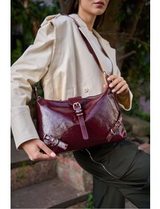 Madamra Burgundy Patent Leather Women's Belt Cornered Patent Leather Shoulder Bag