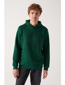 Avva Men's Green Hooded 3 Thread Inner Fleece Printed Regular Fit Sweatshirt