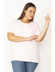 Şans Women's Plus Size Pink Cotton Fabric Crewneck Short Sleeve Blouse